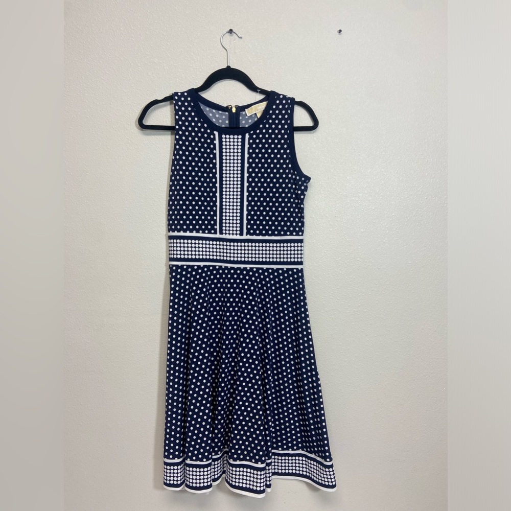 Micheal Kors, blue and white, polka dot, sleeveless dress.